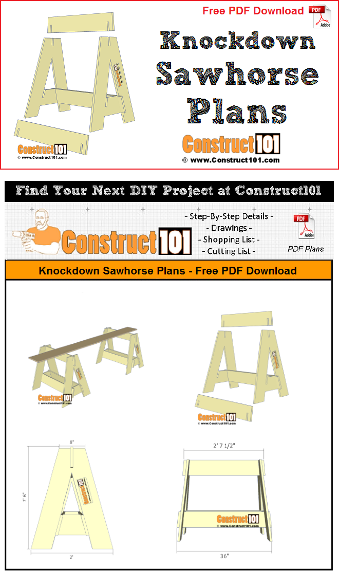 Knockdown sawhorse plans - free PDF download, material list, and drawings. 
