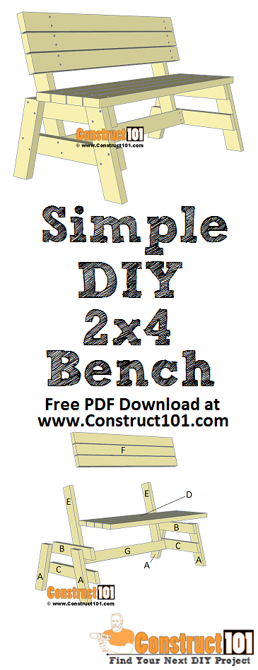 Simple DIY 2x4 bench - free plans - PDF download, material list, step-by-step drawings, at Construct101. 