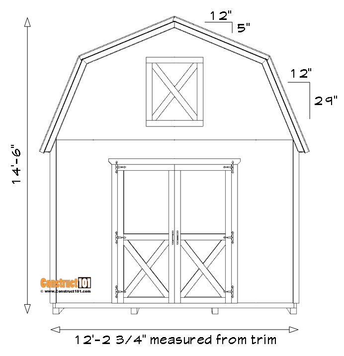 12x16 barn shed plans, front view.