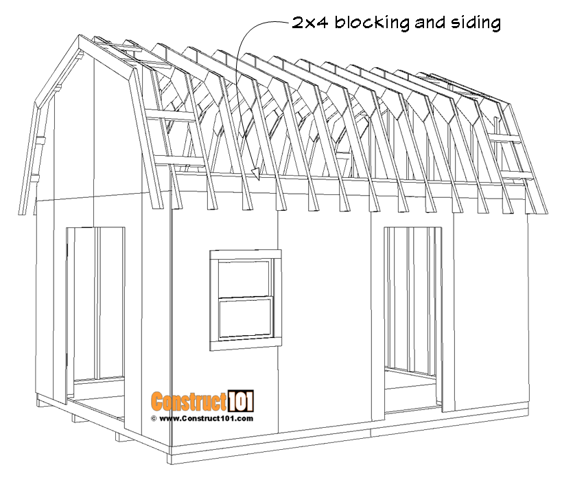 12x16 barn shed plans, roof 2x4 blocking and siding.