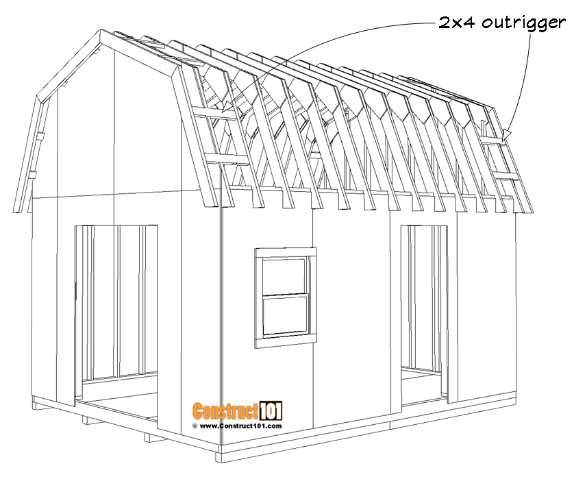 12x16 barn shed plans, roof 2x4 outriggers.