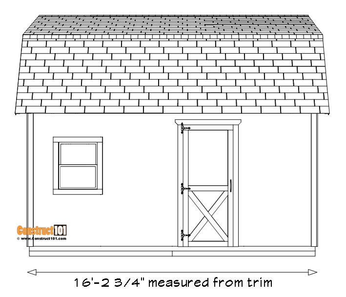 12x16 barn shed plans, side view.