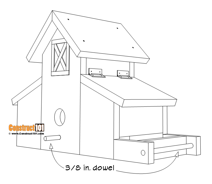 Barn bird house and feeder plans install dowels.