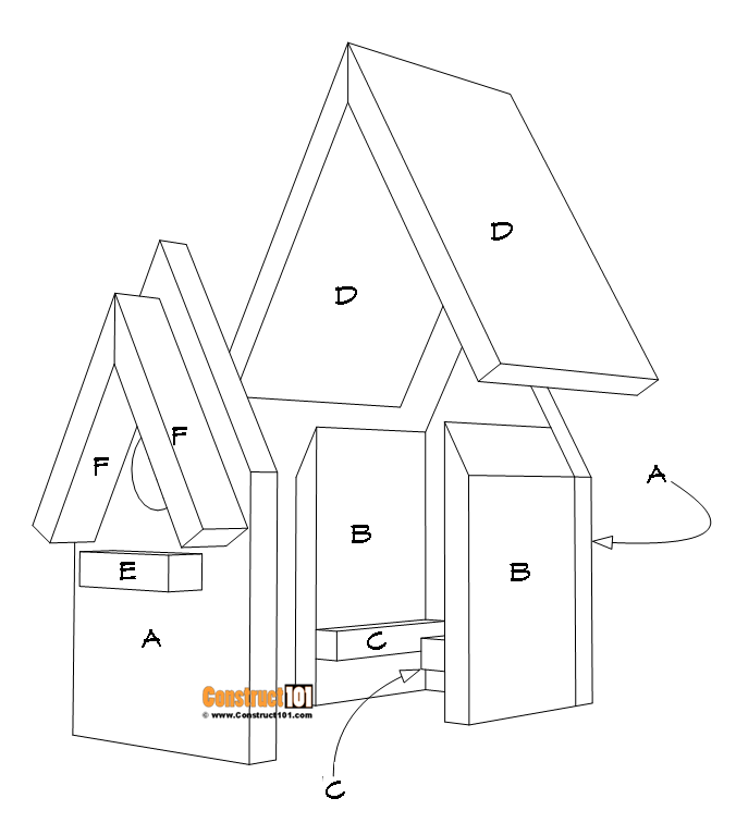 4x4 birdhouse post cap plans, exploded parts, list.