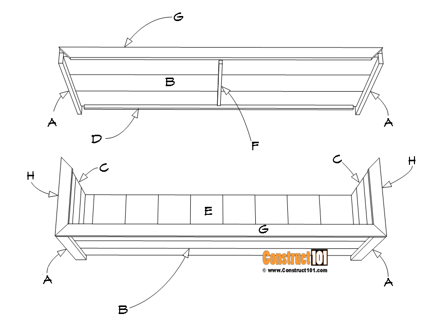 4 ft rectangular cedar planter box plans, exploded view