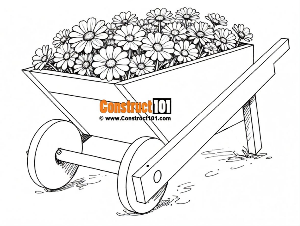 Cedar wheelbarrow planter plans, Construct101 DIY projects.